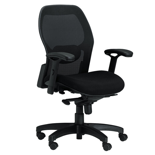 A Safco Mercado Series black mesh office chair with black armrests.
