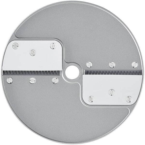 A white circular metal Robot Coupe Julienne cutting disc with two screws.