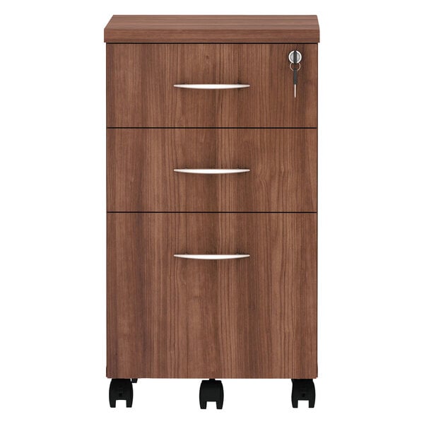 A Alera Valencia modern walnut three-drawer mobile pedestal.