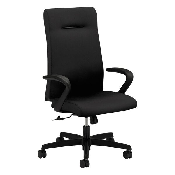 A black HON Ignition Series office chair with wheels and arms.