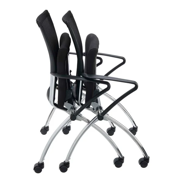 A pair of black high-back mesh and fabric chairs with chrome frames and casters, designed to nest together for easy storage.