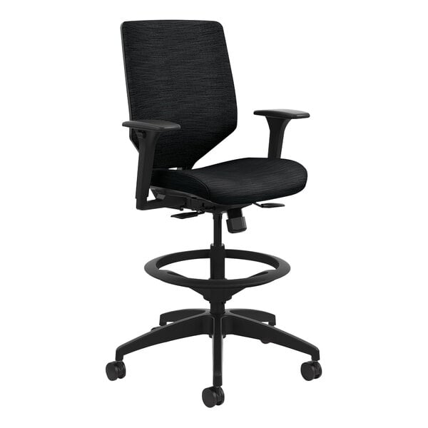 A black HON Solve Series office stool with armrests.