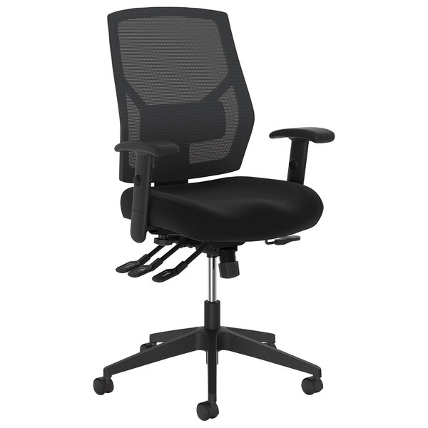 a black office chair with arms
