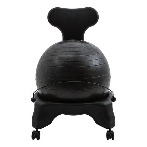 A gray PVC ball chair with wheels, with a black exercise ball on it.