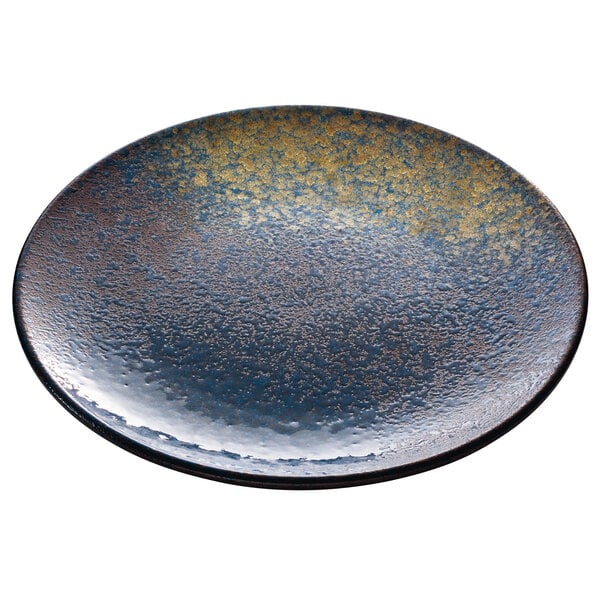 a blue and gold plate