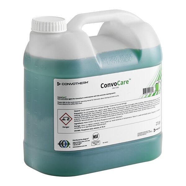 A plastic container of blue Convotherm ConvoCare rinsing solution with a white label and lid.