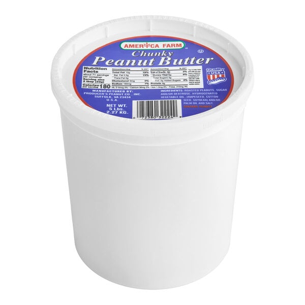 A 5 lb. tub of America Farm chunky peanut butter.