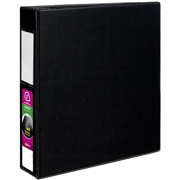 A black Avery DuraHinge binder with a label holder.