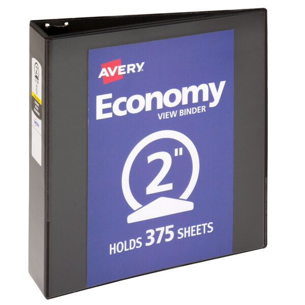 A black Avery Economy View binder with 2" round rings.