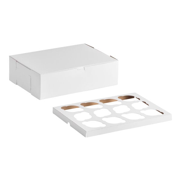 A white cupcake or muffin box with a separate 12-slot reversible insert for holding baked goods.