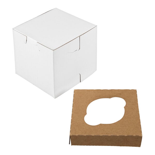 A white square cupcake or muffin box with a brown reversible insert featuring one slot.
