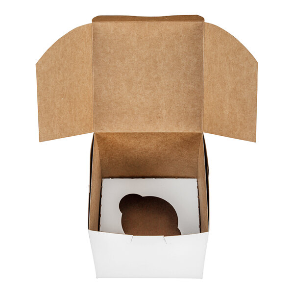 A white cardboard cupcake or muffin box with an open lid and a single slot reversible insert inside.