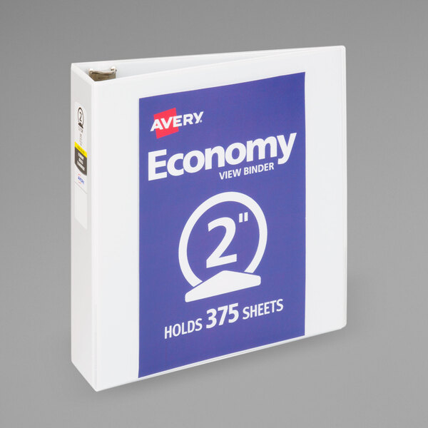 A white Avery economy view binder with 2" round rings and a blue and white label.