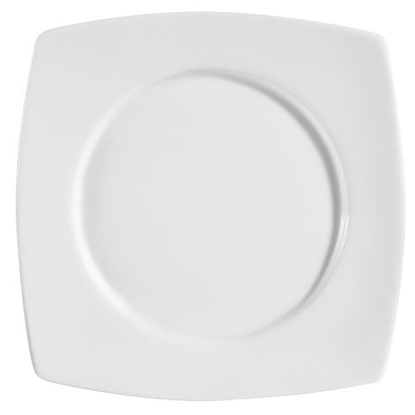 A bright white porcelain plate with a square shape.