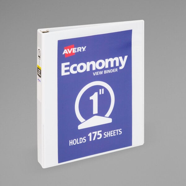 A white Avery economy view binder with 1 blue ring and white text on the cover.