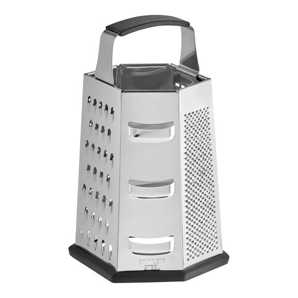 A six-sided stainless steel box grater with a soft grip handle.