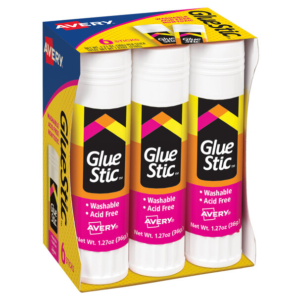A package of six white Avery GlueSticks with white packaging.