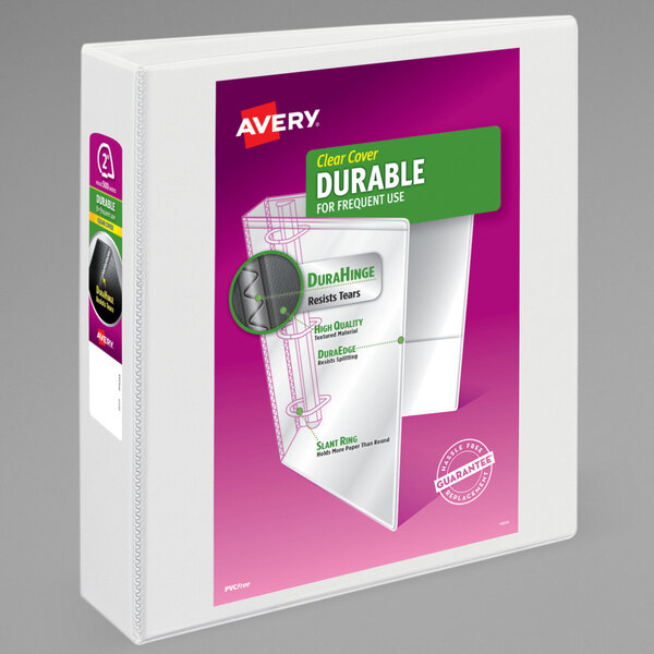 The white product box for an Avery DuraHinge view binder with a design on it.