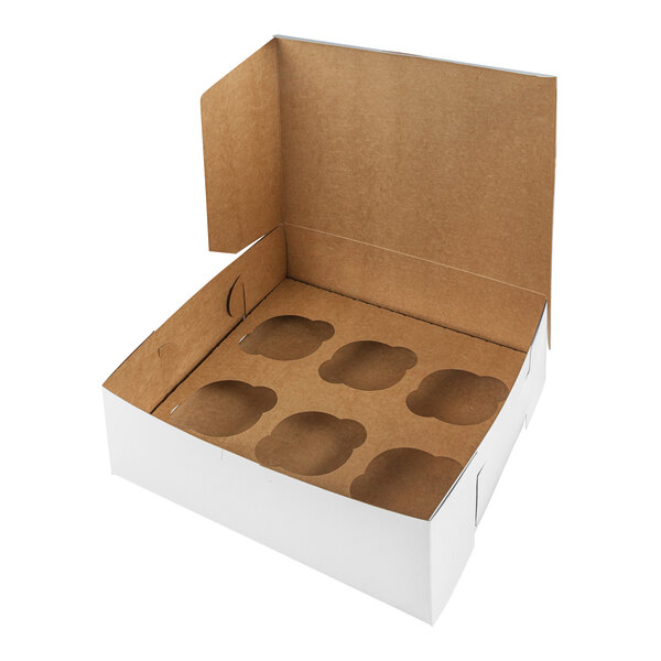 A white cupcake or muffin box with a six-slot reversible insert for holding baked goods.