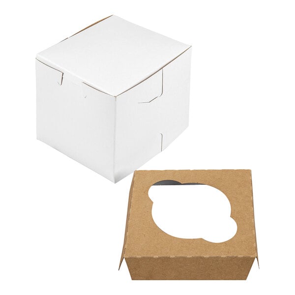 A white cupcake or muffin box with a separate brown reversible insert featuring one slot.
