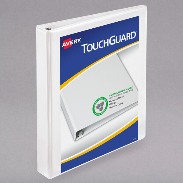 A white Avery TouchGuard binder with blue and yellow labels.