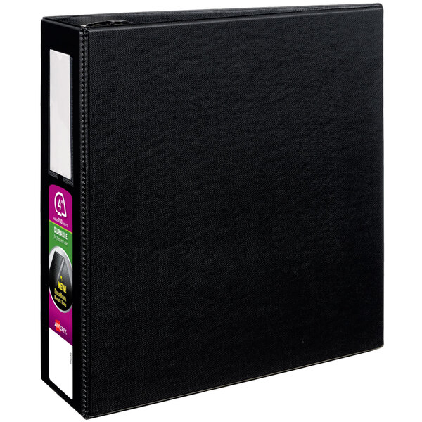 A black Avery DuraHinge binder with a label holder.