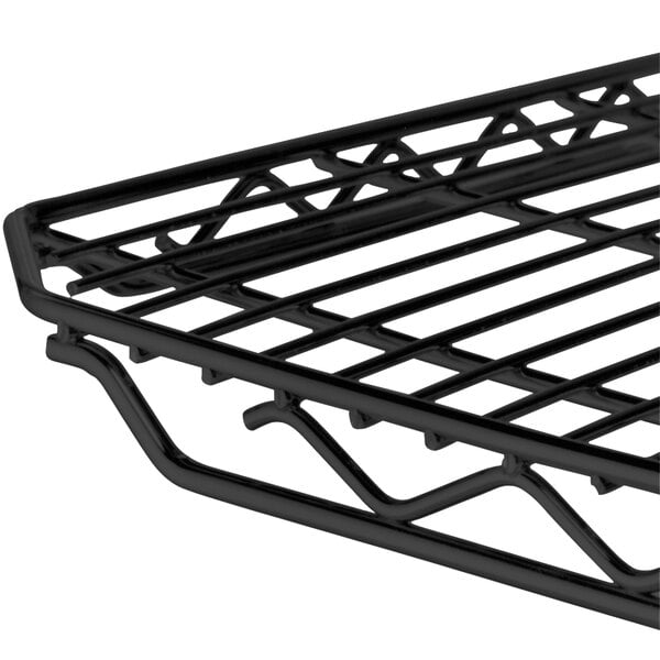 A close-up of a black Metro qwikSLOT wire shelf.