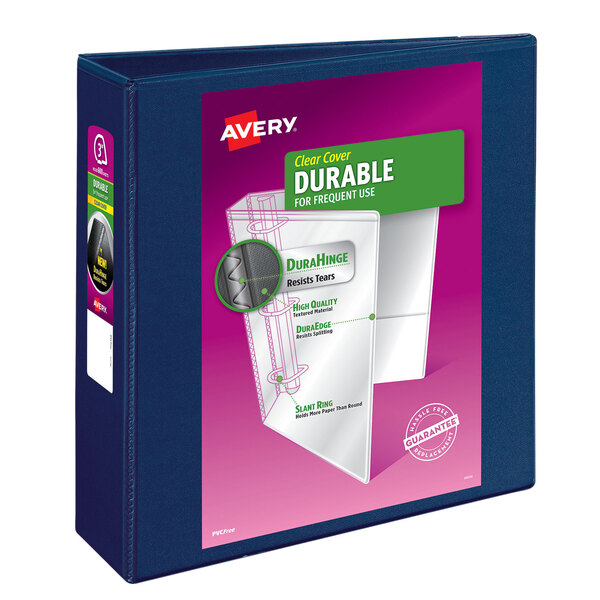 An Avery blue durable view binder with a product label on the cover.