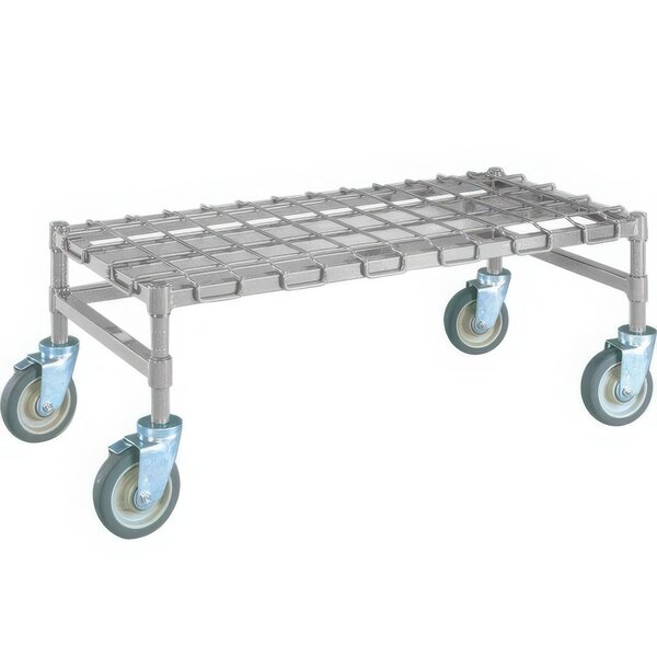A Metro heavy duty chrome dunnage rack with wheels and a wire mat.