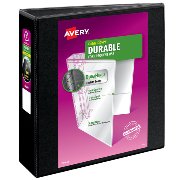 An Avery black view binder with a white and black cover.