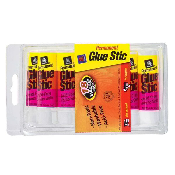 A package of 18 white Avery Glue Stics.