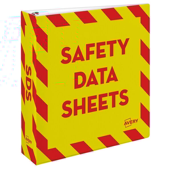 A yellow and red Avery Industrial SDS binder box with white and red stripes.