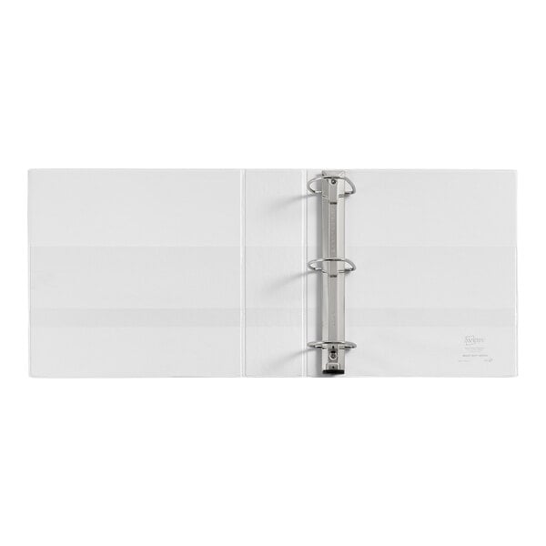 An open white three-ring binder with metal rings and no contents inside.