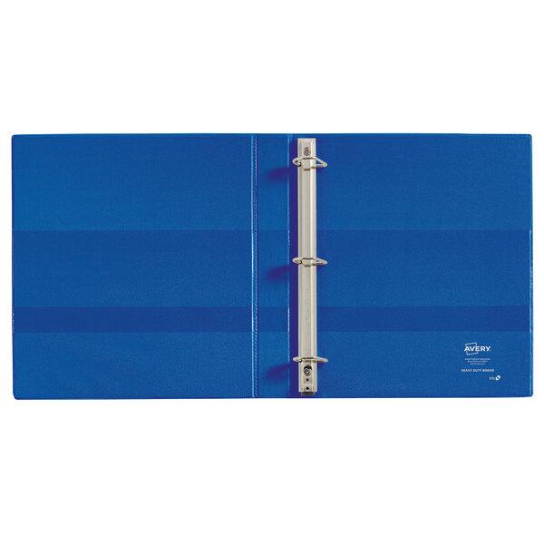 A blue binder with silver metal locking rings.