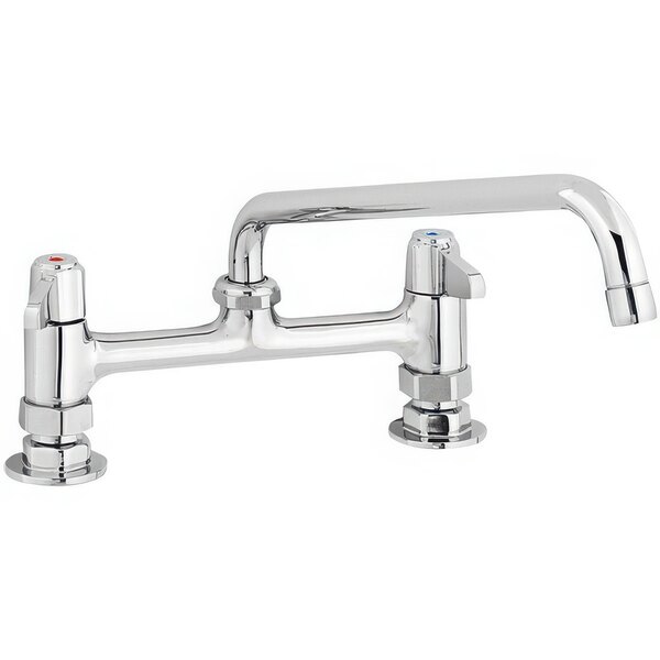 A silver Equip by T&S deck-mount faucet with two handles and a 12 1/8" swing nozzle.