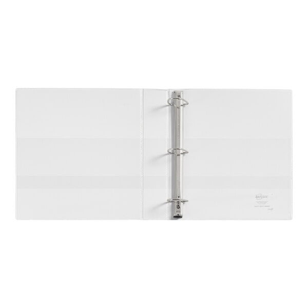 An open white three-ring binder with metal rings and empty interior pockets.
