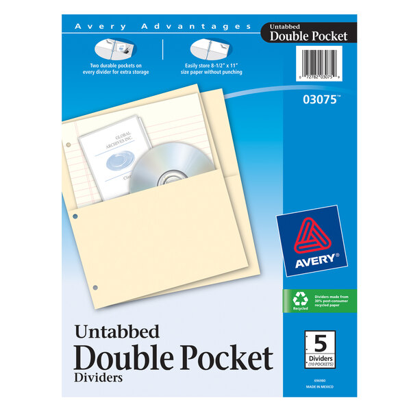 A package of Avery manila double pocket dividers with a blue and white box with a CD and file folder inside.