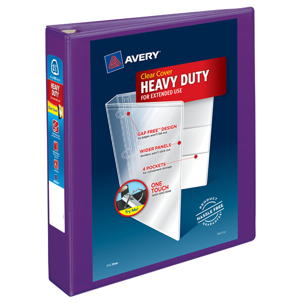 An Avery purple heavy-duty binder with clear plastic cover over the front and spine and white EZD label.