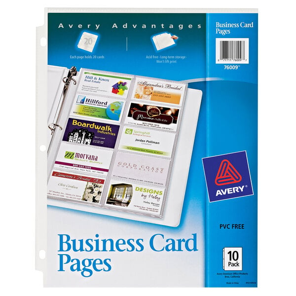 A package of 10 Avery clear loose-leaf business card pages.