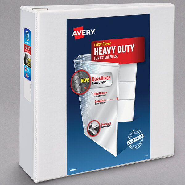 A white Avery heavy-duty view binder with a logo on it.