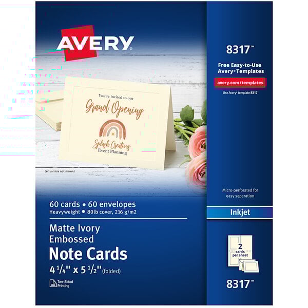 A white and blue box of Avery Matte Ivory Two-Sided Note Cards with a white card and flowers on the front.