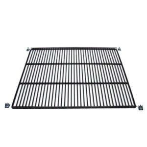 A black metal grid shelf with screws.