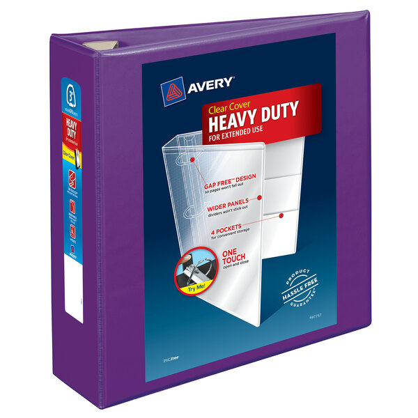 A purple Avery heavy-duty view binder with a label on the box.