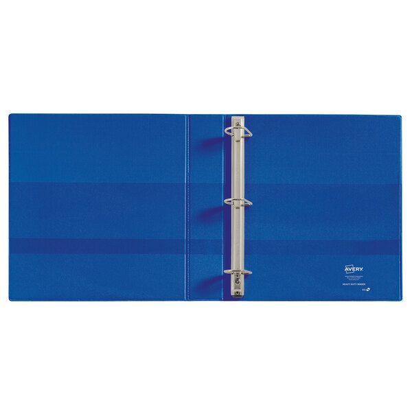 A blue Avery Heavy-Duty View Binder with silver metal locking rings.