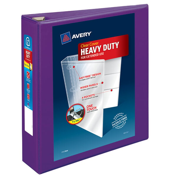 A package for an Avery purple heavy-duty view binder with label on it.