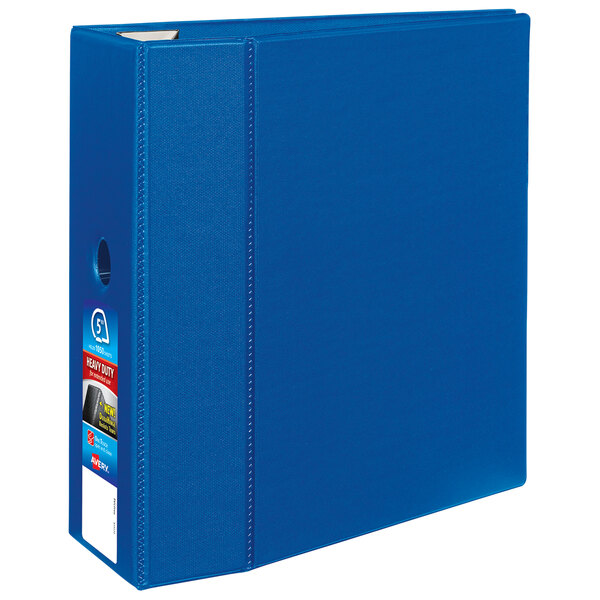 A blue Avery heavy-duty binder with a label holder on the spine.