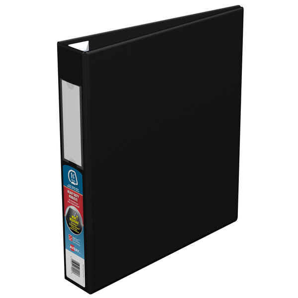 A black Avery heavy-duty binder with a label holder.