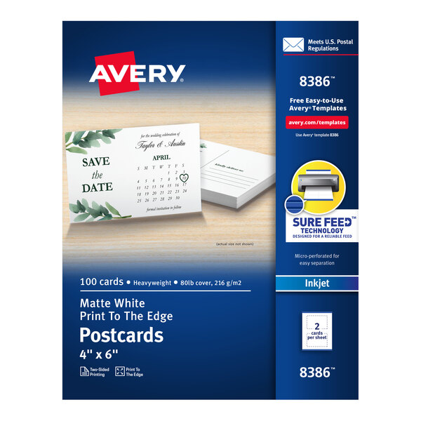 Avery® 08386 4" x 6" Matte White Printable Two-Sided Postcard - 100/Box