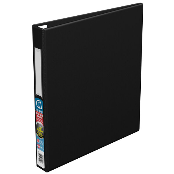 A black Avery heavy-duty non-view binder with a label holder for a white label.