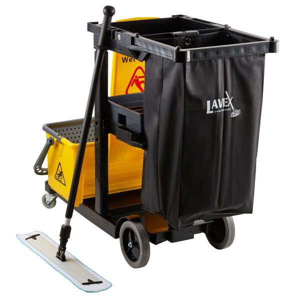 Lavex Janitorial Black Janitor Cart and Microfiber Wet Mop Kit